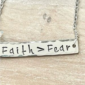 Mantra Jewelry, Faith > Fear Necklace, Engraved Bar Necklace, Christian